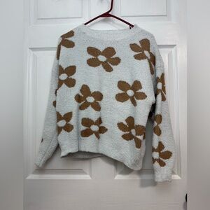 Cozy Floral Knit Sweater - White and Brown